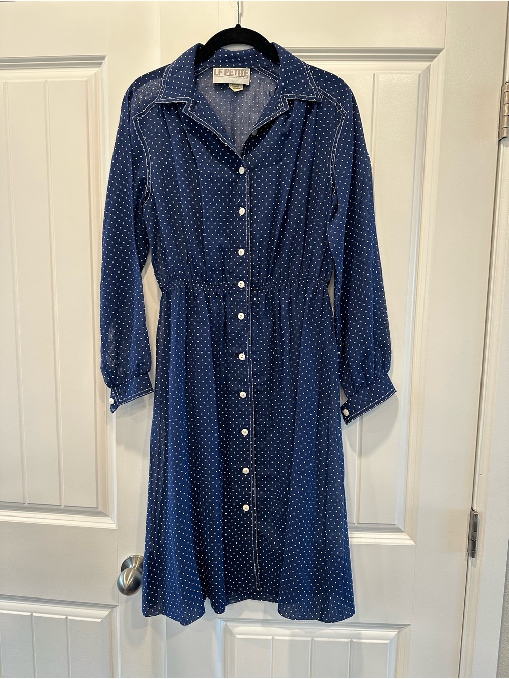 Vintage Petite Focus Leslie Fay Navy Polka Dot Long Sleeve Dress 8P Made In USA
